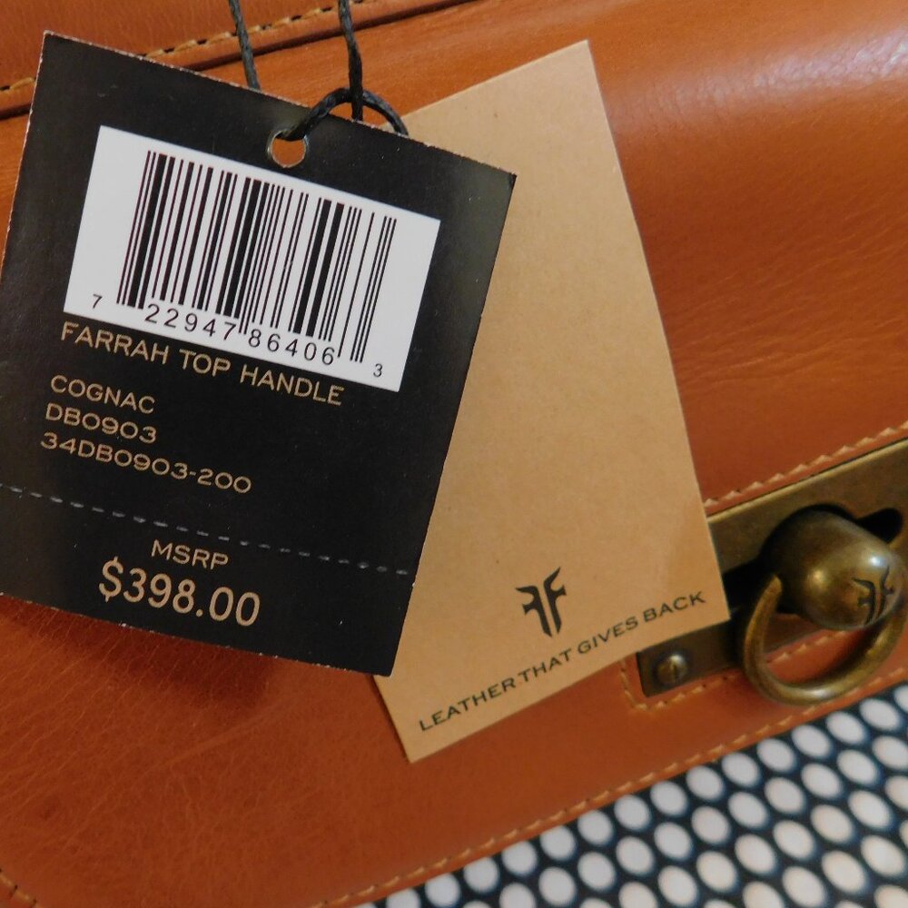 NWT Frye Farrah cognac leather satchel metal top handle tote bag crossbody purse - Picture 6 of 16